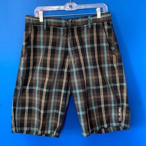 Men’s BILLABONG Long Black-Gray-Tan-Turquoise Cotton Blend Plaid Shorts Sz 33